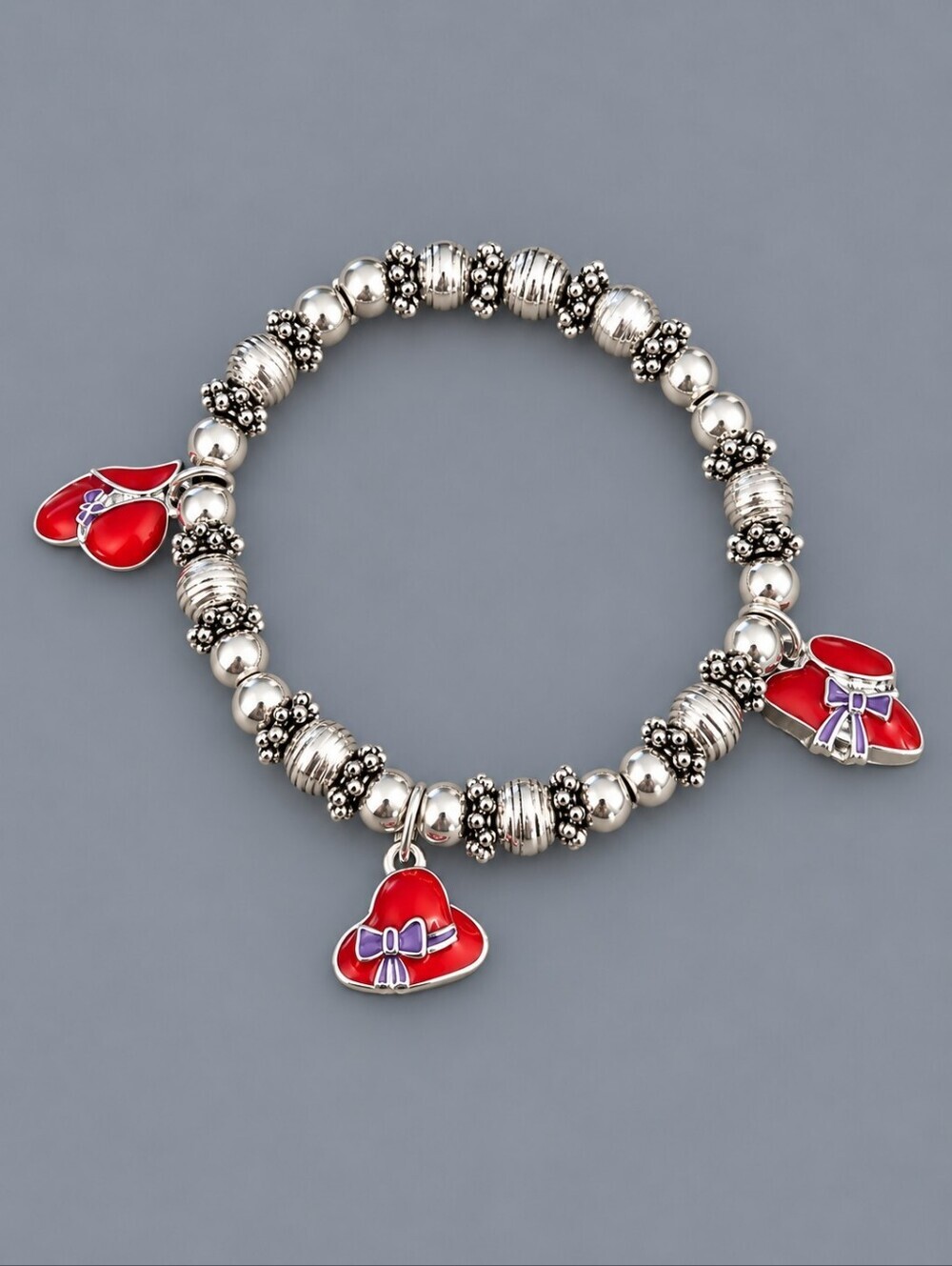 3/$30 Red Hat Society Metal Beaded Stretch Charm Bracelet
